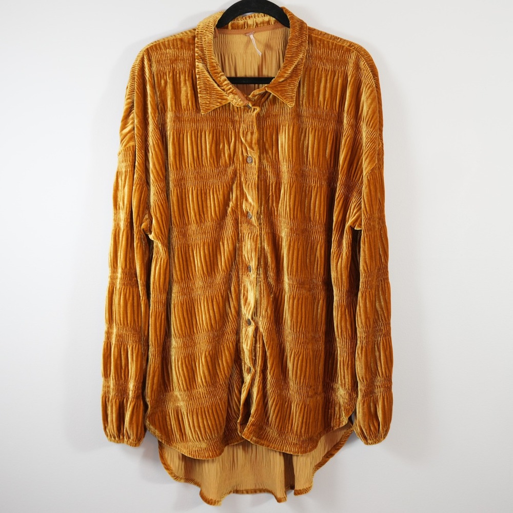 Free People Velvet Tunic "My Best" Top Gold Mustard Slouchy Oversized Autumn L